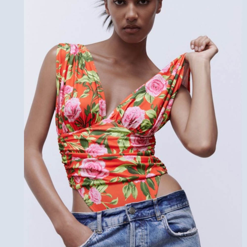 {Zara} Brand New Printed Draped Bodysuit